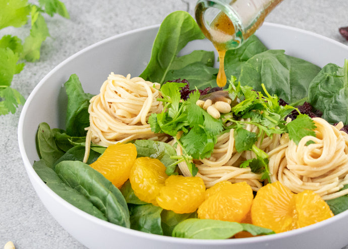Mandarin Pasta Spinach Salad with Soybean Spaghetti