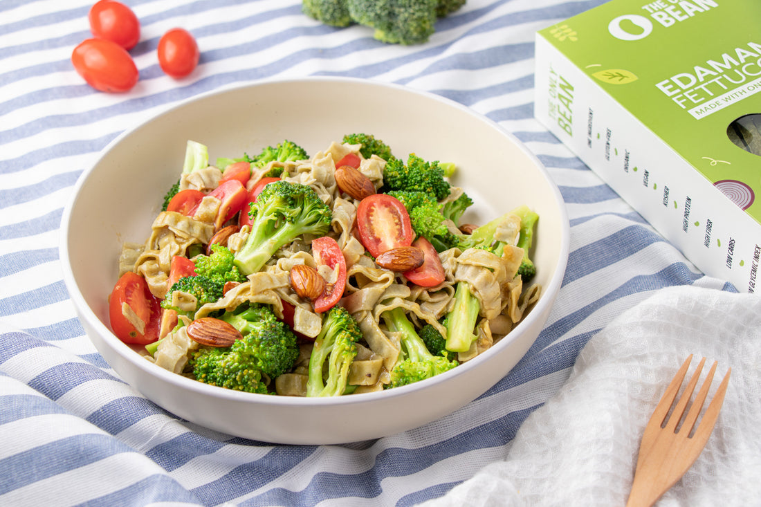 Broccolini Edamame Fettuccine Pasta Salad