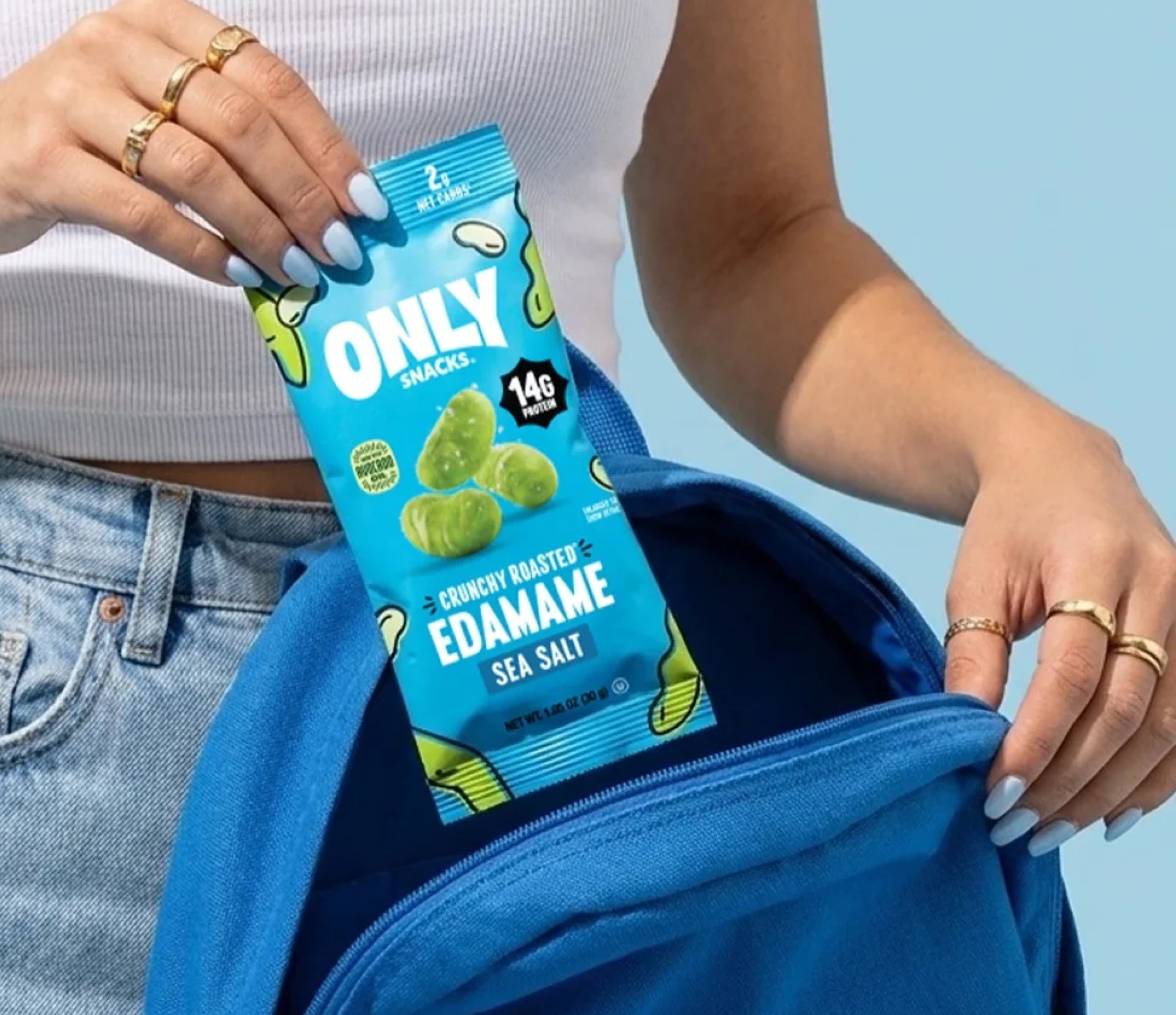 A crunchy roasted edamame snack pack ready to take on the go
