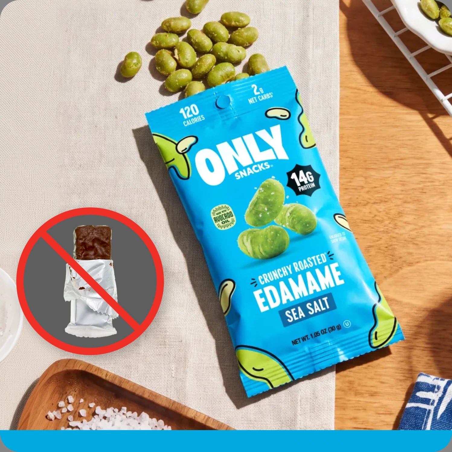 Savory, crunchy edamame as an alternative to a sweet bar